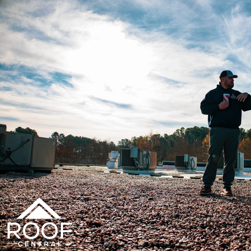 A view of modified bitumen roofing on a commercial roof. 